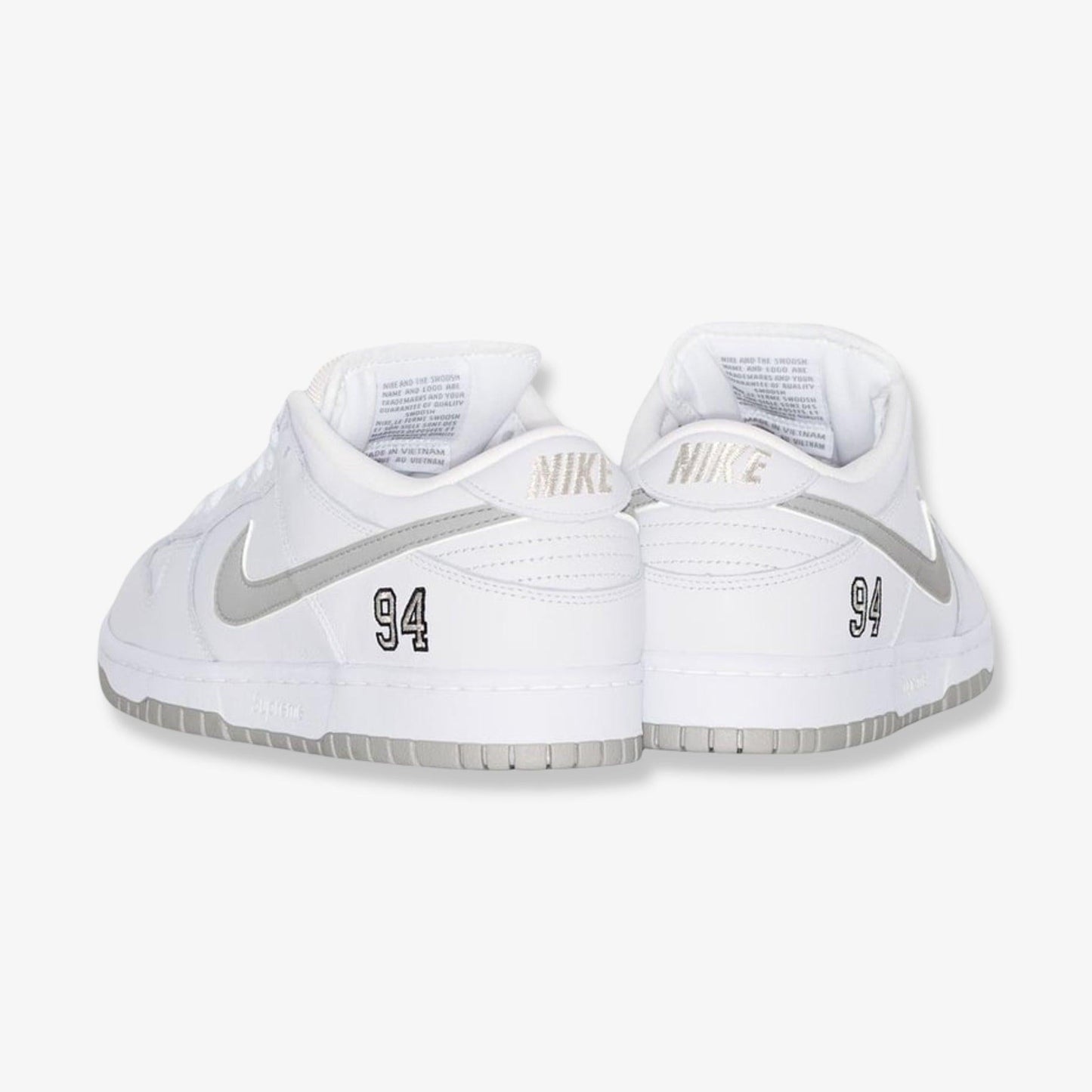 Nike SB Dunk Low OG QS x Supreme 'White / Metallic Silver' (2025) [HQ8487-100] Athletic Basketball Skateboarding Sports Sneakers in White / Metallic Silver - White for Unisex Adult Mens - AVBL MRKT (2)