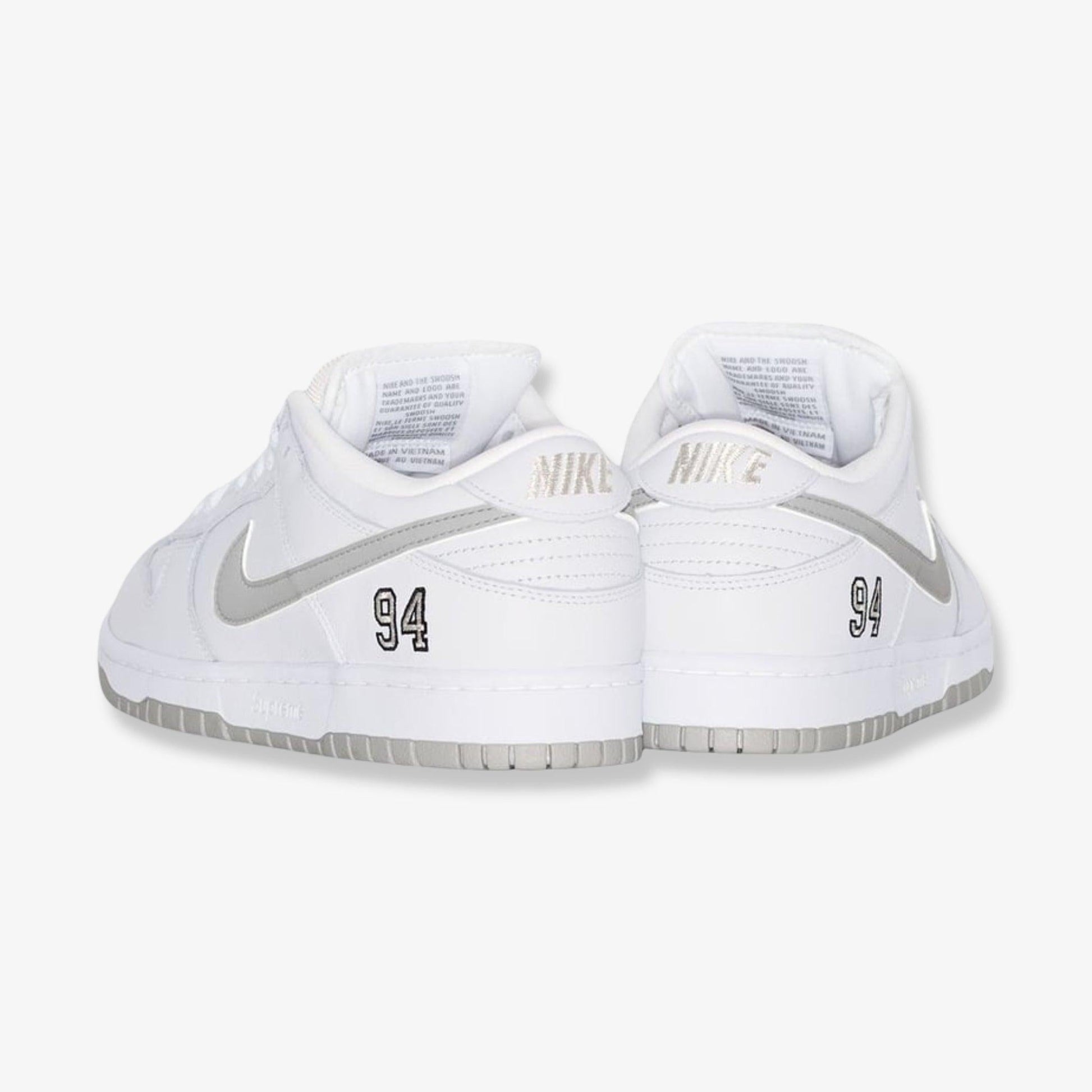 Nike SB Dunk Low OG QS x Supreme 'White / Metallic Silver' (2025) [HQ8487-100] Athletic Basketball Skateboarding Sports Sneakers in White / Metallic Silver - White for Unisex Adult Mens - AVBL MRKT (2)