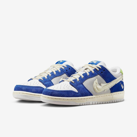 Nike SB Dunk Low Pro QS x Fly Streetwear 'Gardenia' (2023) [DQ5130-400] Athletic Basketball Skateboarding Sports Sneakers in Game Royal / Sail - Grey Fog for Unisex Adult Mens - AVBL MRKT (1)