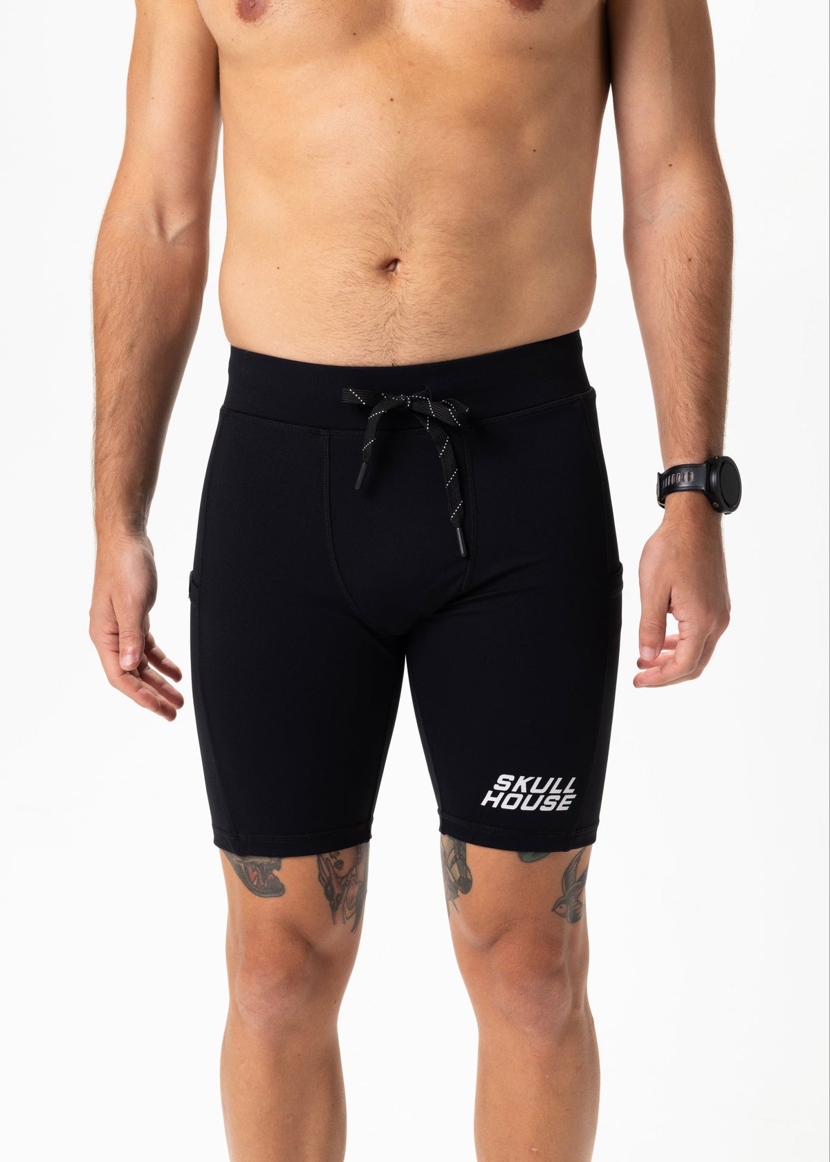Skull House Running Company DEADRINGER 8" HALF TIGHTS - BLACK - AVBL MRKT (2)