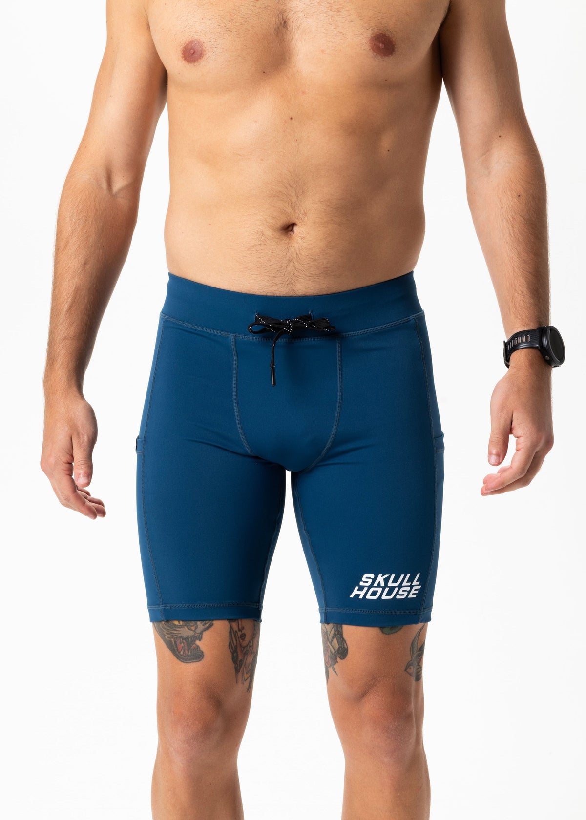 Skull House Running Company DEADRINGER 8" HALF TIGHTS - NITRO BLUE - AVBL MRKT (2)