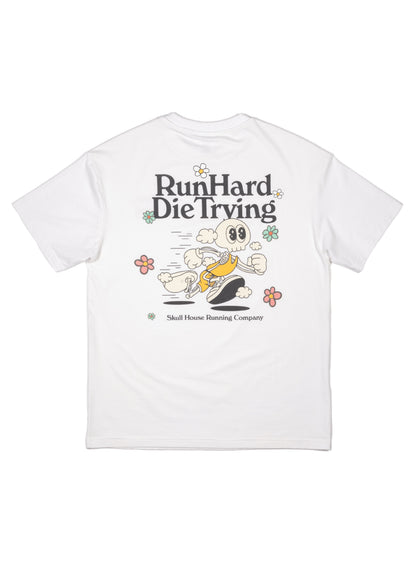 Skull House Running Company RUN HARD TEE, UNISEX - WHITE - AVBL MRKT (1)