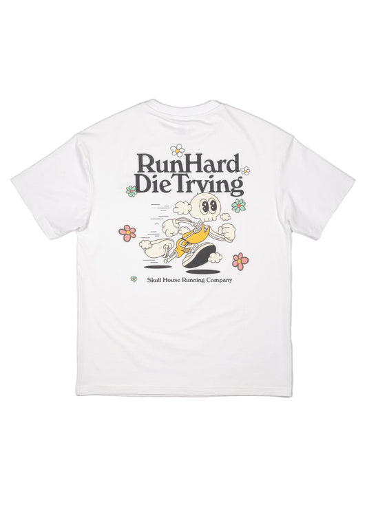 Skull House Running Company RUN HARD TEE, UNISEX - WHITE - AVBL MRKT (1)