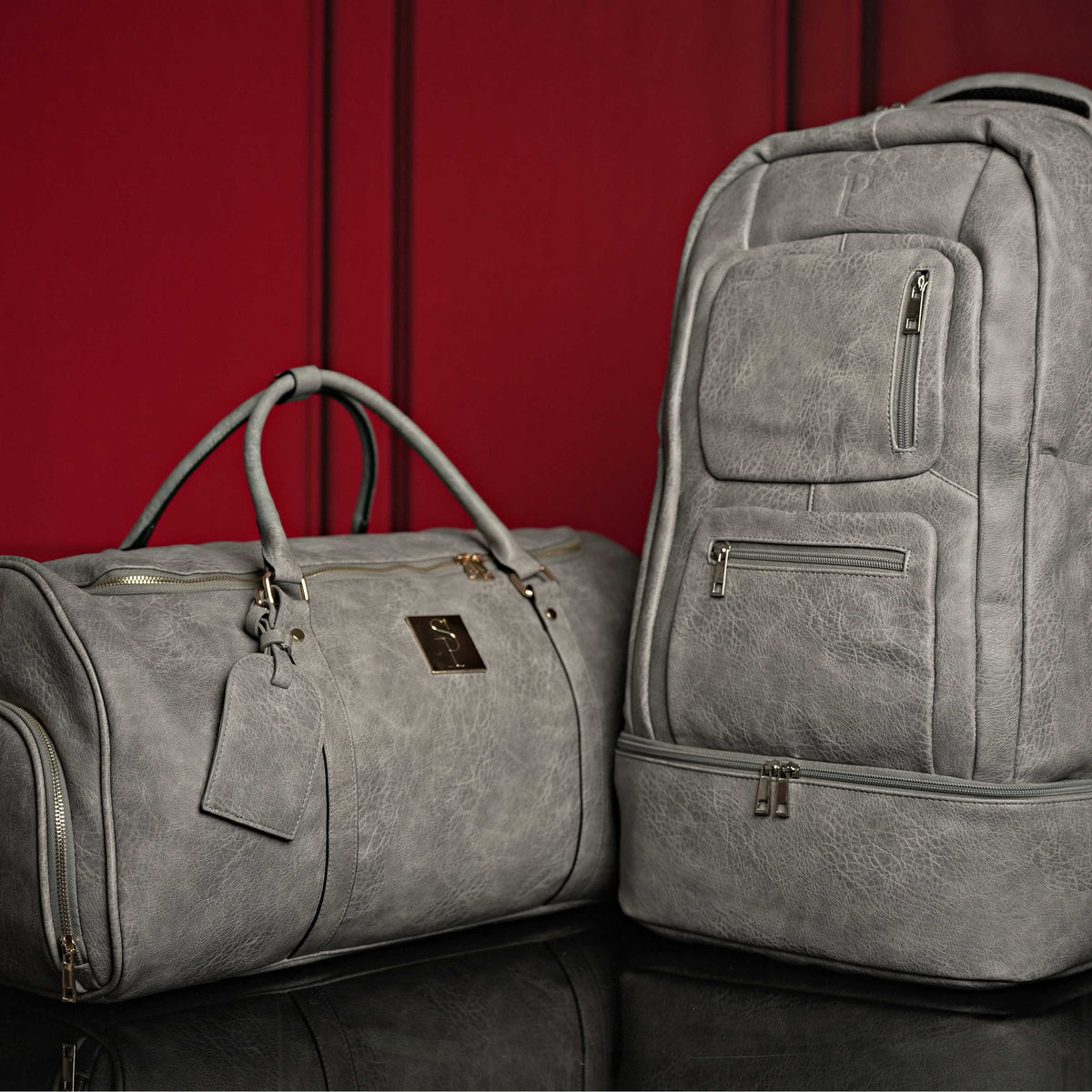 Sole Premise Grey Tumbled Leather Signature Bag Set (Signature Backpack and Duffle Bag) - AVBL MRKT (1)