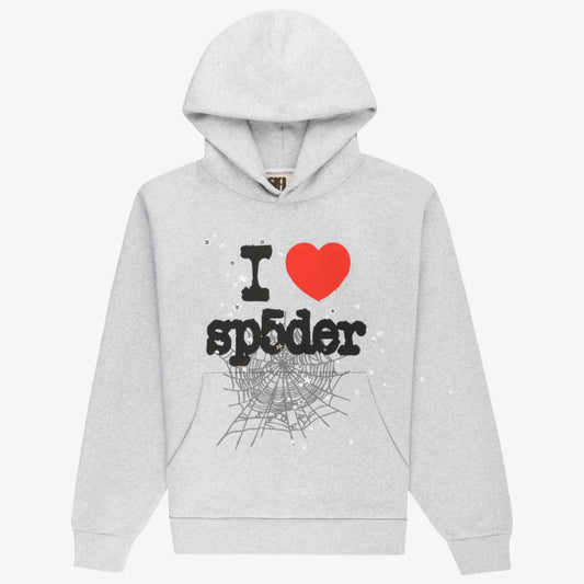 Sp5der 'Souvenir / I Love' Pullover Hoodie Heather Grey (FW24) [SS18FW24HGR] Casual Fashion Hooded Sweater for Unisex Adult Mens Hypebeast - AVBL MRKT (1)