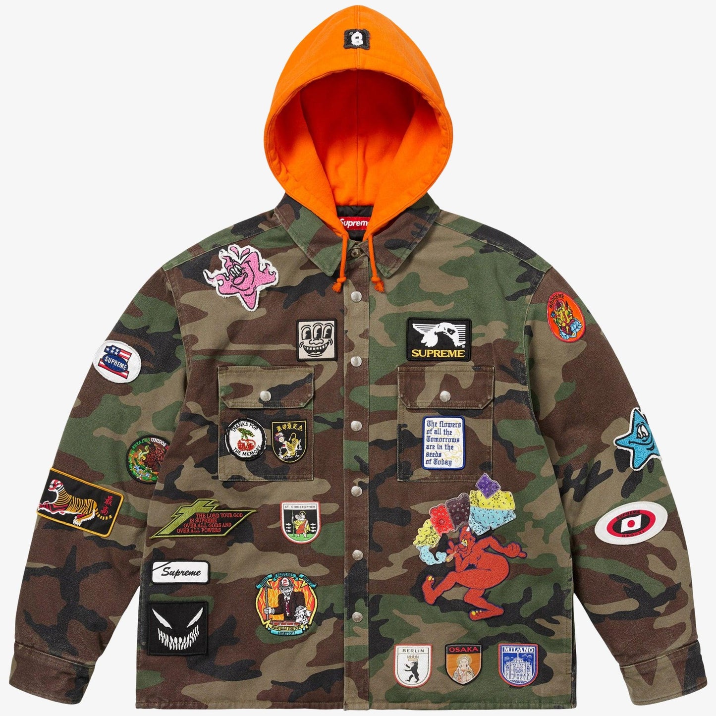 Supreme Patches Hooded Zip-Up Shirt Woodland Camo (SS25) [SS25S30-WOODLAND-CAMO] Casual Fashion Jacket for Unisex Adult Mens Hypebeast - AVBL MRKT (1)