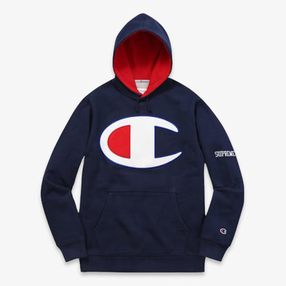 Supreme x Champion Pullover Hooded Sweatshirt 'Satin Logo' Navy Blue (SS17) Casual Fashion Hoodie Sweater for Unisex Adult Mens Hypebeast - AVBL MRKT (1)