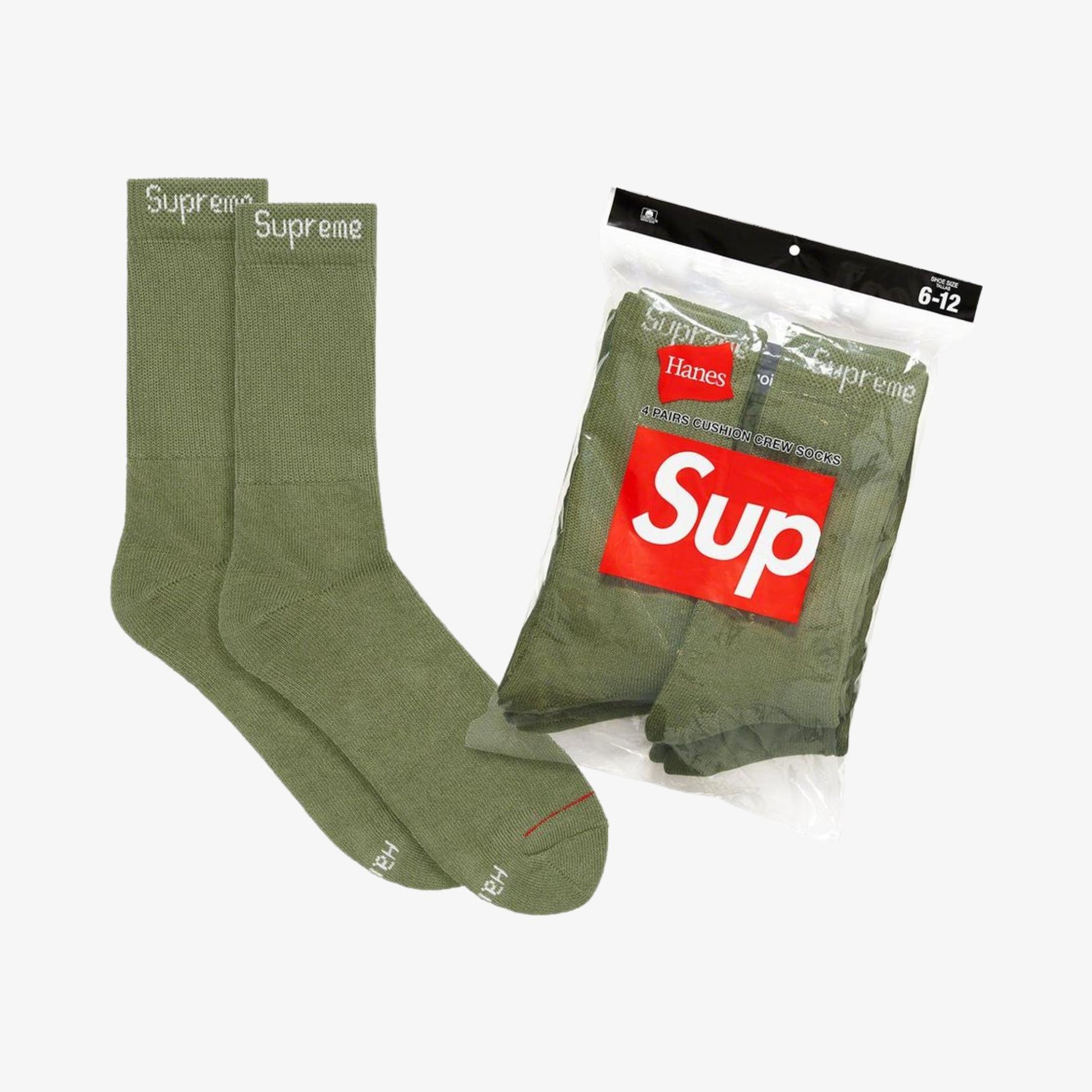 Supreme x Hanes Cushion Crew Socks (4 Pack) Olive (SS22) [SS22A27-OLIVE] Casual Fashion Cozy for Unisex Adult Mens Womens Kids GS Youth Hypebeast - AVBL MRKT (1)