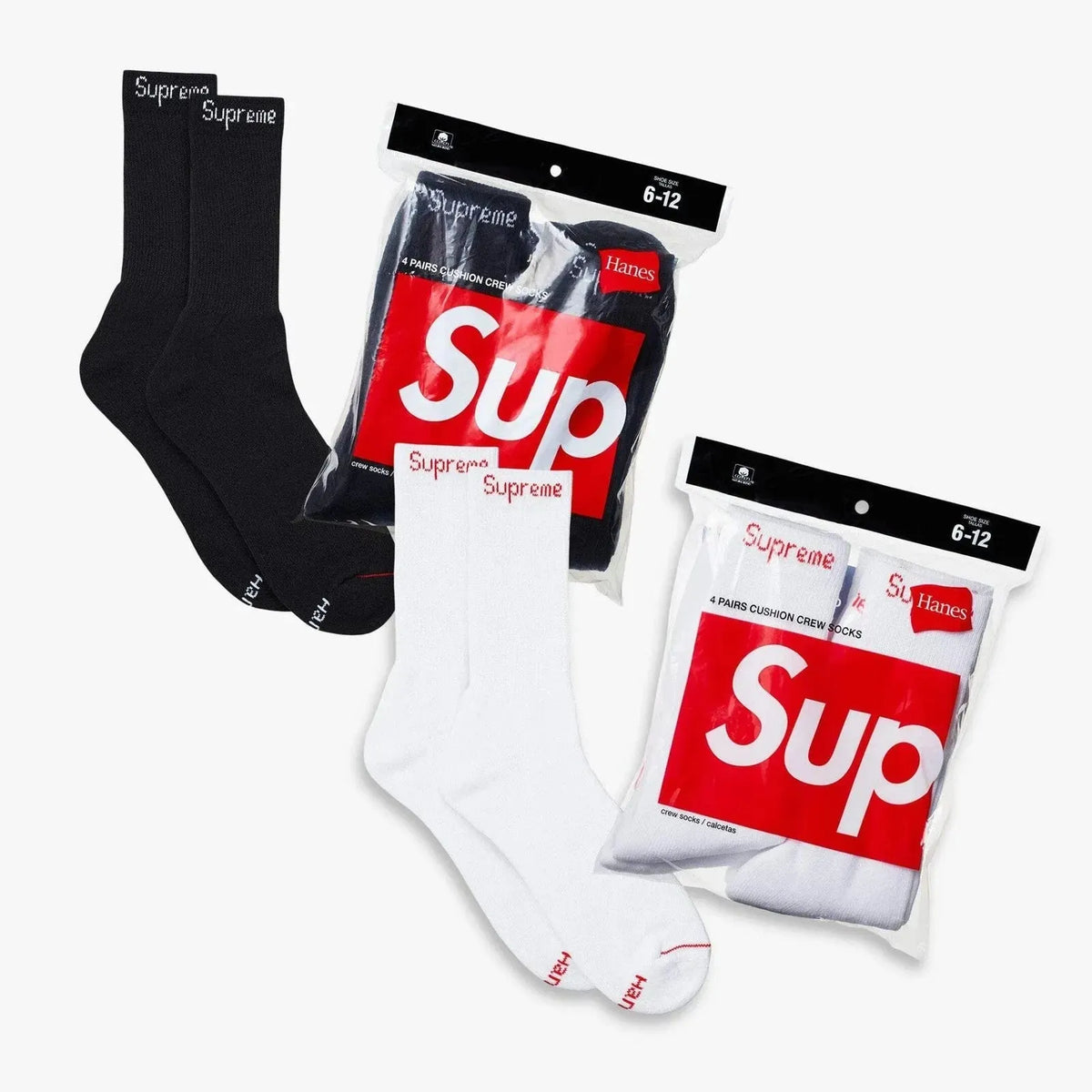 Supreme x Hanes Cushion Crew Socks (Full Pack) Black / White - AVBL MRKT (1)