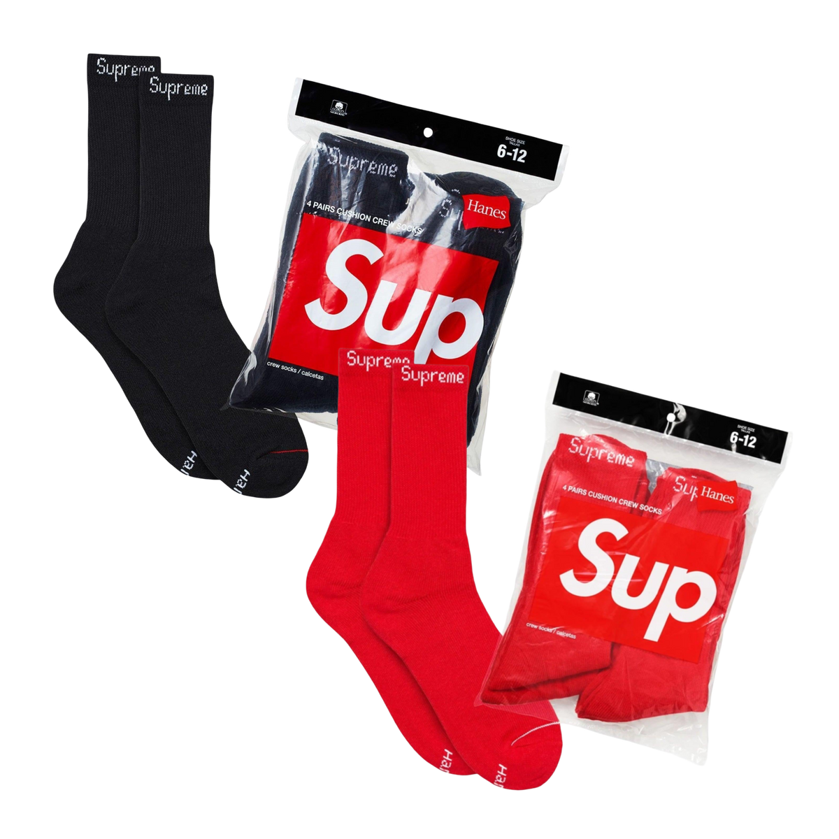 Supreme x Hanes Cushion Crew Socks (Full Pack of 4) Black | Heather Grey | Red - AVBL MRKT (3)