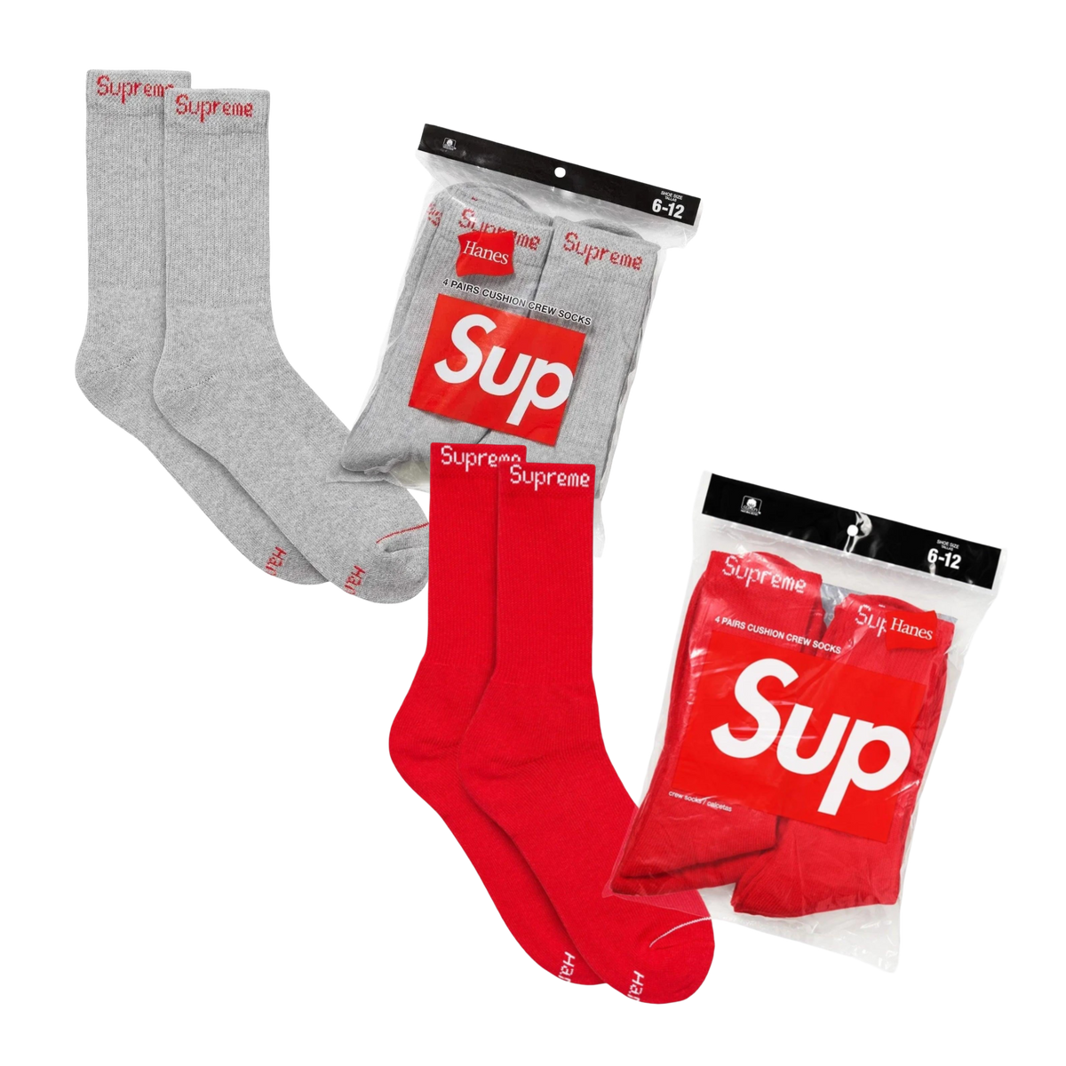 Supreme x Hanes Cushion Crew Socks (Full Pack of 4) Black | Heather Grey | Red - AVBL MRKT (4)