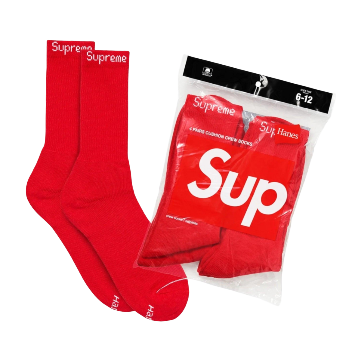Supreme x Hanes Cushion Crew Socks (Full Pack of 4) Black | Red - AVBL MRKT (3)