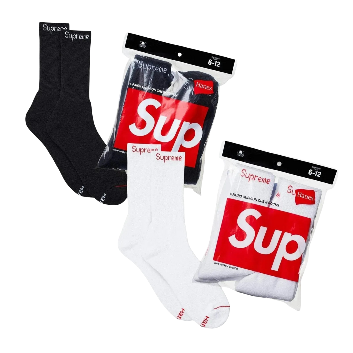 Supreme x Hanes Cushion Crew Socks (Full Pack of 4) Black | White - AVBL MRKT (1)