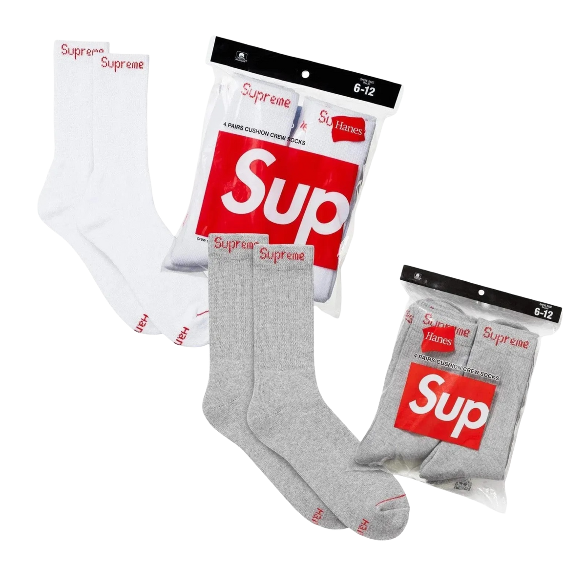 Supreme x Hanes Cushion Crew Socks (Full Pack of 4) White | Heather Grey - AVBL MRKT (1)