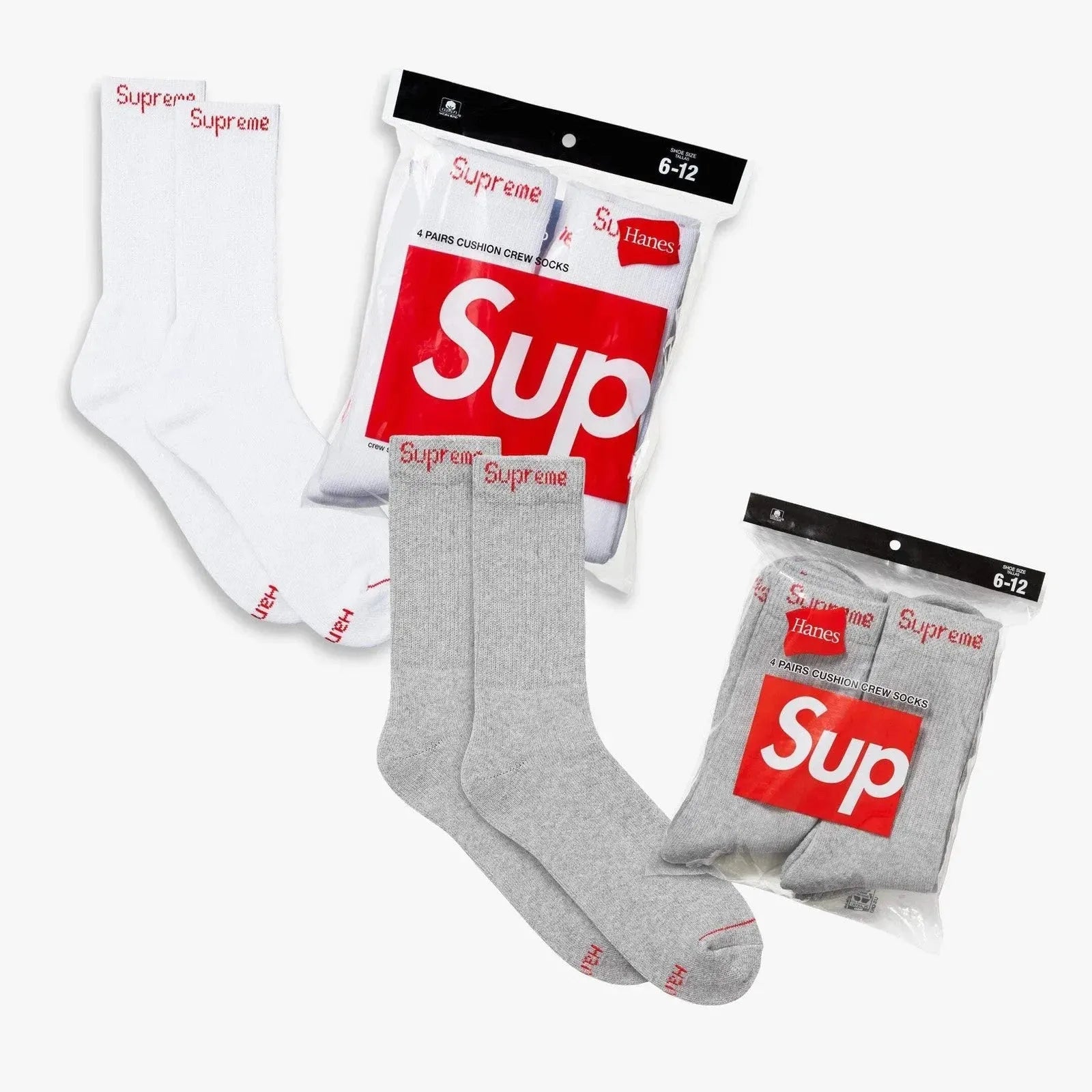 Supreme x Hanes Cushion Crew Socks (Full Pack of Each) White and Heather Grey [99HAA26-WHITE/SS24A37-HEATHER-GREY] Casual Fashion Cozy for Unisex Adult Mens Womens Kids GS Youth Hypebeast - AVBL MRKT (1)