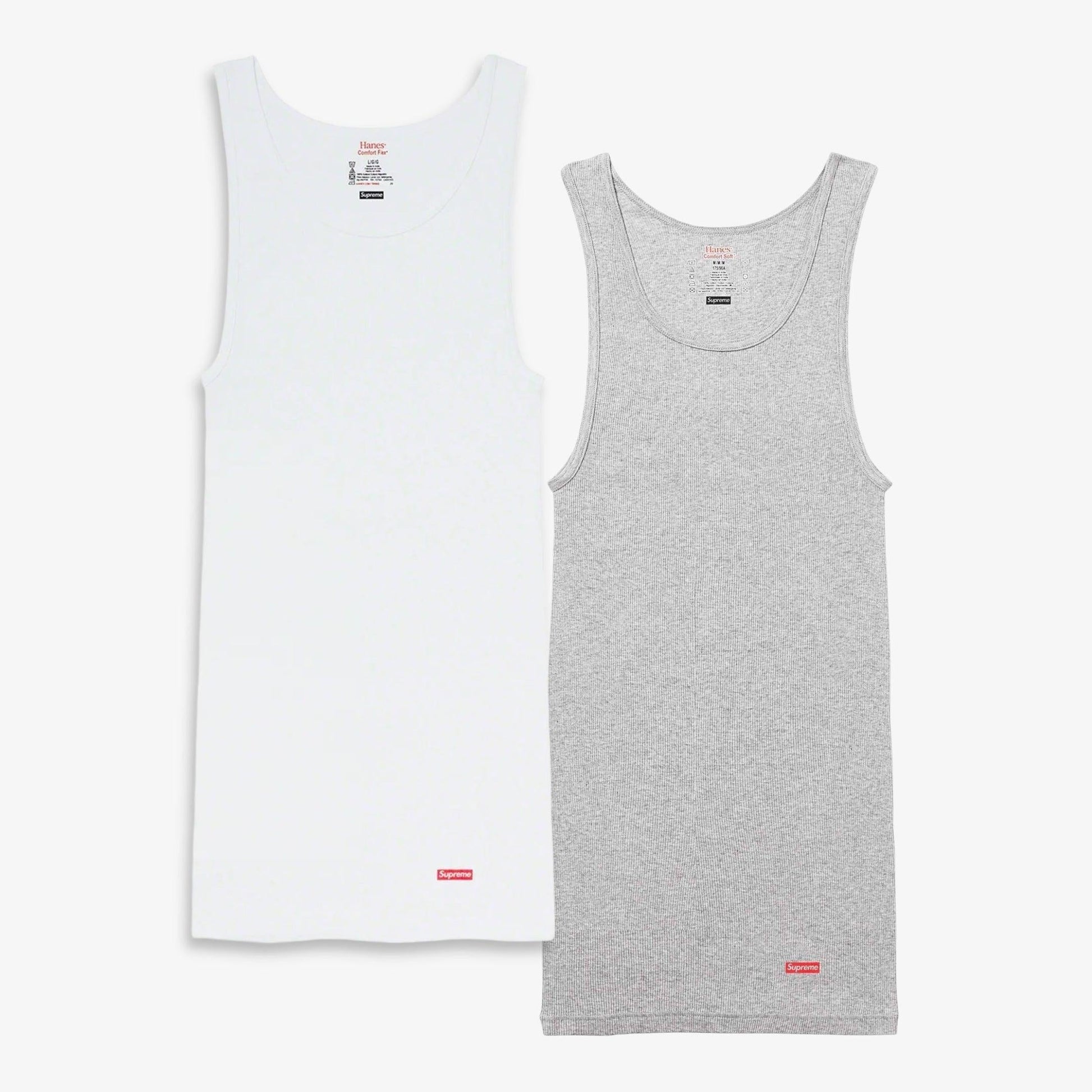Supreme x Hanes Tagless Tank Top (1 Single Tank Top of Each) White and Heather Grey Casual Fashion Sleeve-Less Shirt Top for Unisex Adult Mens Womens Kids GS Youth Hypebeast - AVBL MRKT (1)
