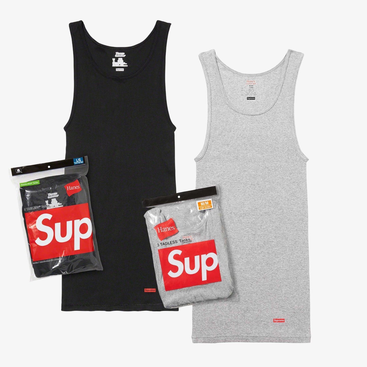 Supreme x Hanes Tagless Tank Tops (Full Pack of Each) Black and Heather Grey [99HAA41-BLACK/SS24A40-HEATHER-GREY] Casual Fashion Sleeve-Less Shirt Top for Unisex Adult Mens Womens Kids GS Youth Hypebeast - AVBL MRKT (1)