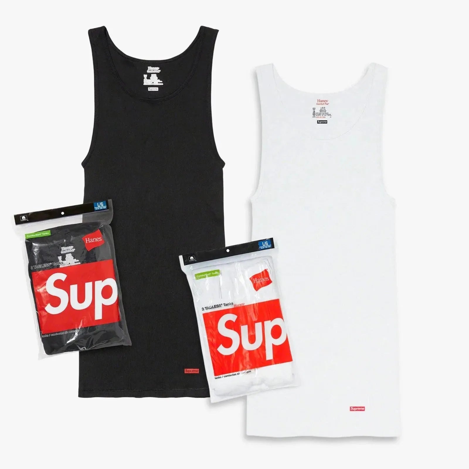 Supreme x Hanes Tagless Tank Tops (Full Pack of Each) Black and White [99HAA41-BLACK/99HAA41-WHITE] Casual Fashion Sleeve-Less Shirt Top for Unisex Adult Mens Womens Kids GS Youth Hypebeast - AVBL MRKT (1)