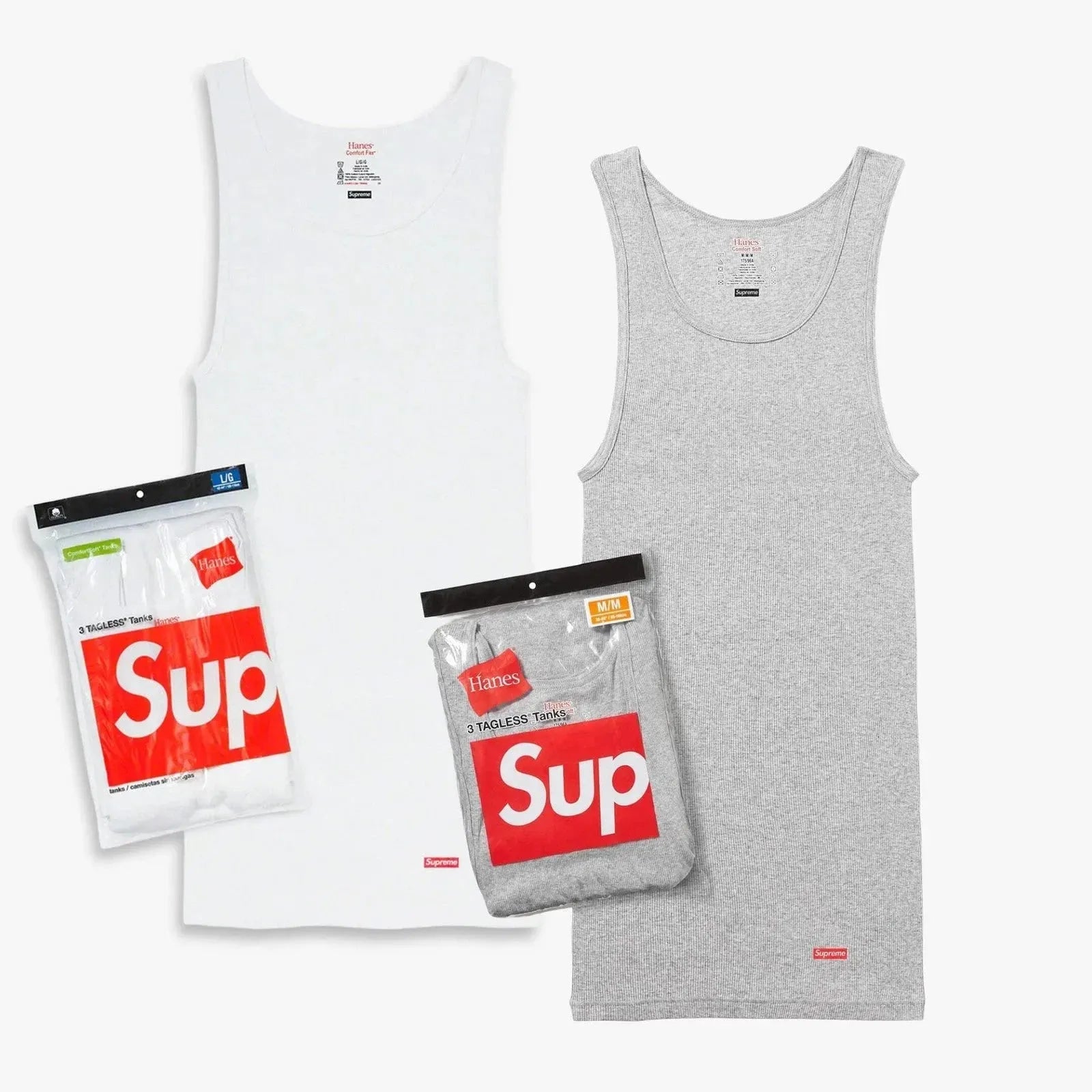 Supreme x Hanes Tagless Tank Tops (Full Pack of Each) White and Heather Grey [99HAA41-WHITE/SS24A40-HEATHER-GREY] Casual Fashion Sleeve-Less Shirt Top for Unisex Adult Mens Womens Kids GS Youth Hypebeast - AVBL MRKT (1)