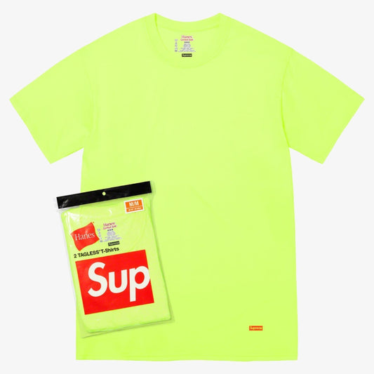 Supreme x Hanes Tagless Tees (Full Pack of 2) Fluorescent Yellow (SS23) [SS23A12-FLUORESCENT-YELLOW] Casual Fashion T-Shirt Top for Unisex Adult Mens Womens Kids GS Youth Hypebeast - AVBL MRKT (1)