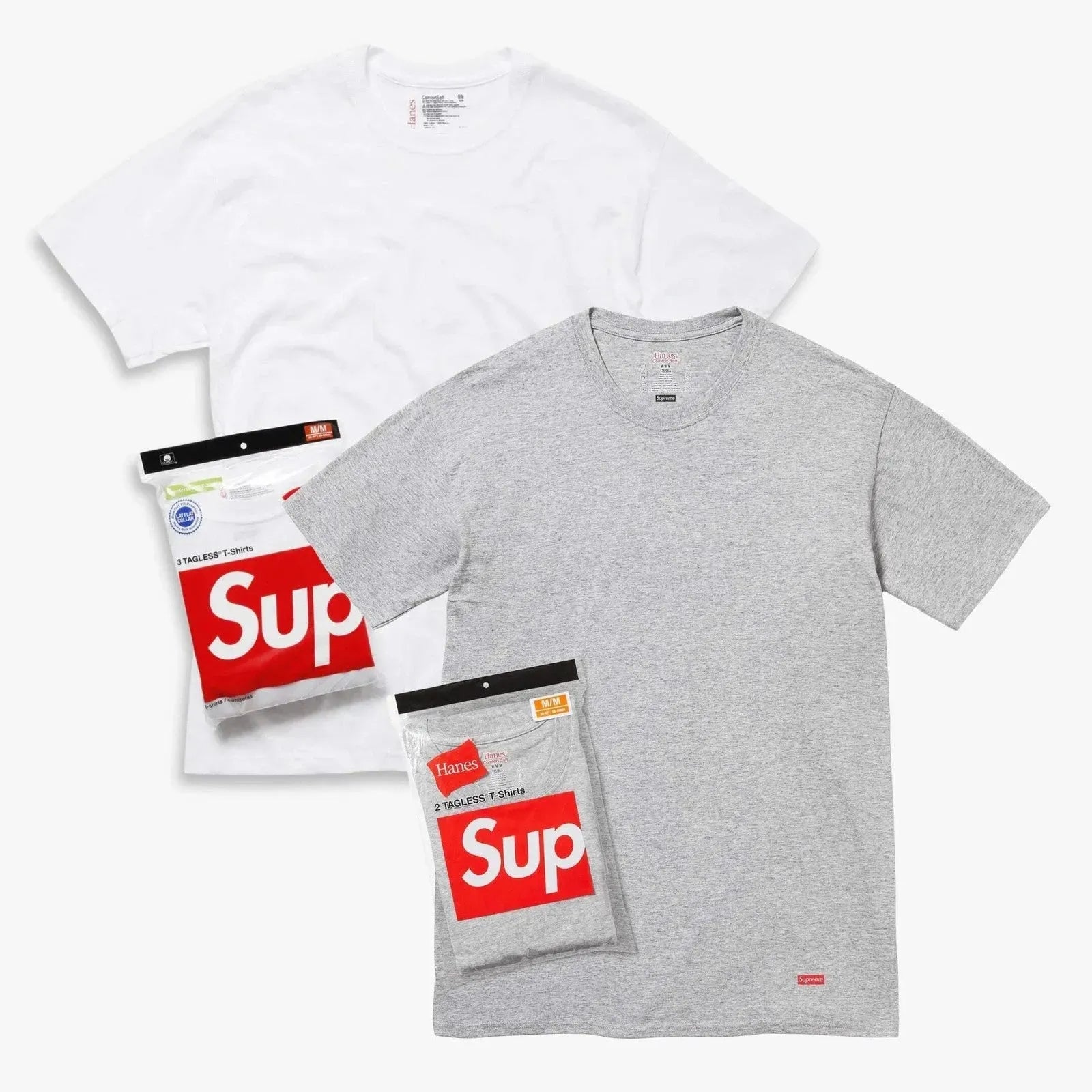Supreme x Hanes Tagless Tees (Full Pack of Each) White and Heather Grey [99HAA23-WHITE/SS24A12-HEATHER-GREY] Casual Fashion T-Shirt Top for Unisex Adult Mens Womens Kids GS Youth Hypebeast - AVBL MRKT (1)
