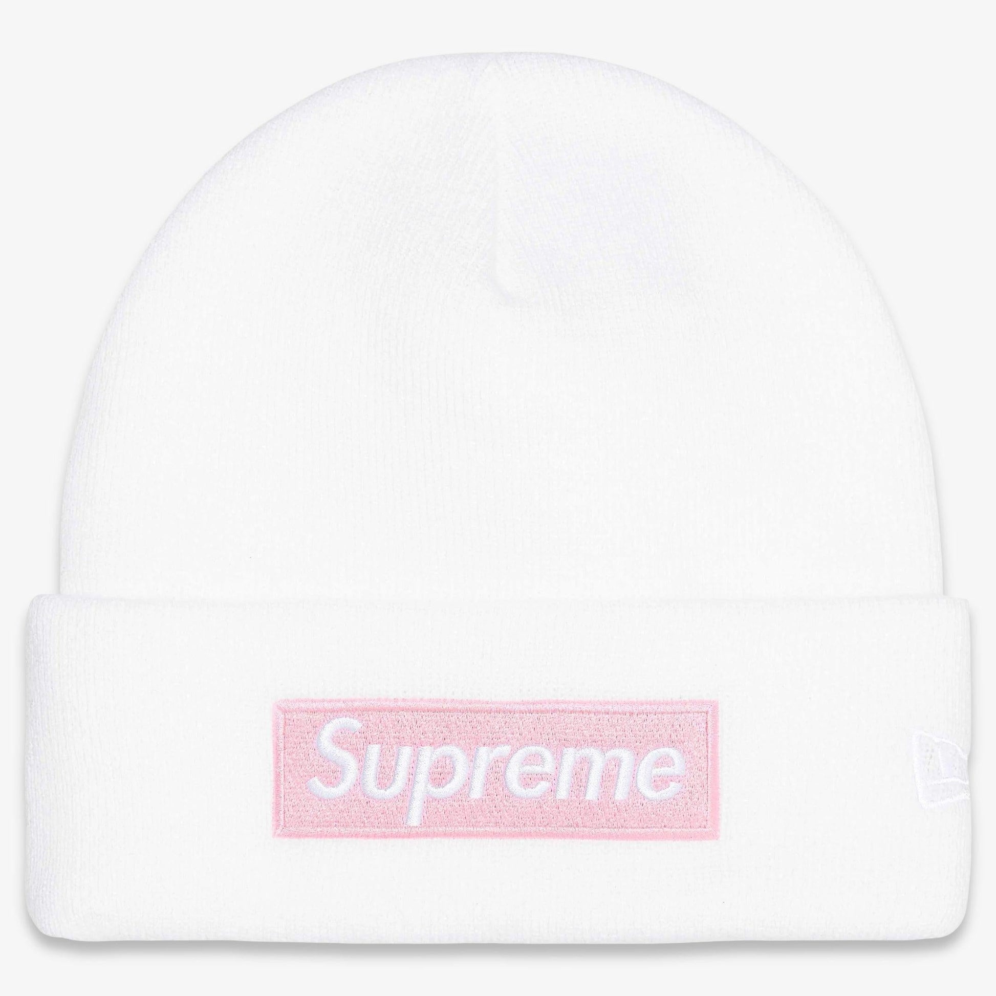 Supreme x New Era Beanie 'Box Logo' White / Pink (FW25) [FW25BN5-WHITE] Casual Fashion Warm Cozy Hat for Unisex Adult Mens Womens Kids GS Youth Hypebeast - AVBL MRKT (1)